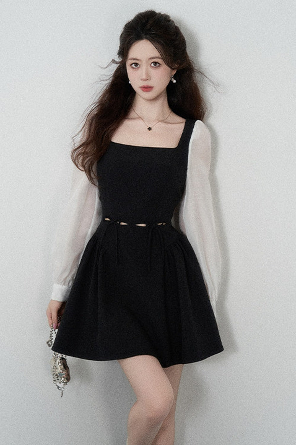 Black Square-Neck Hollow-Out Dress