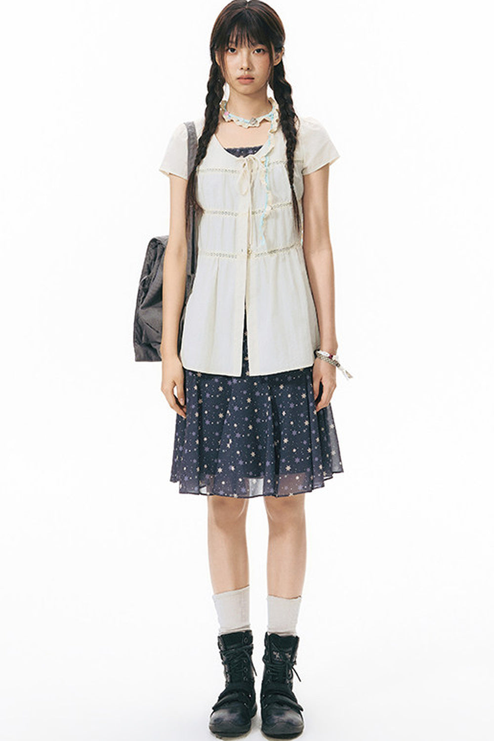 Star Print Layered-Look Short-Sleeve Shirt