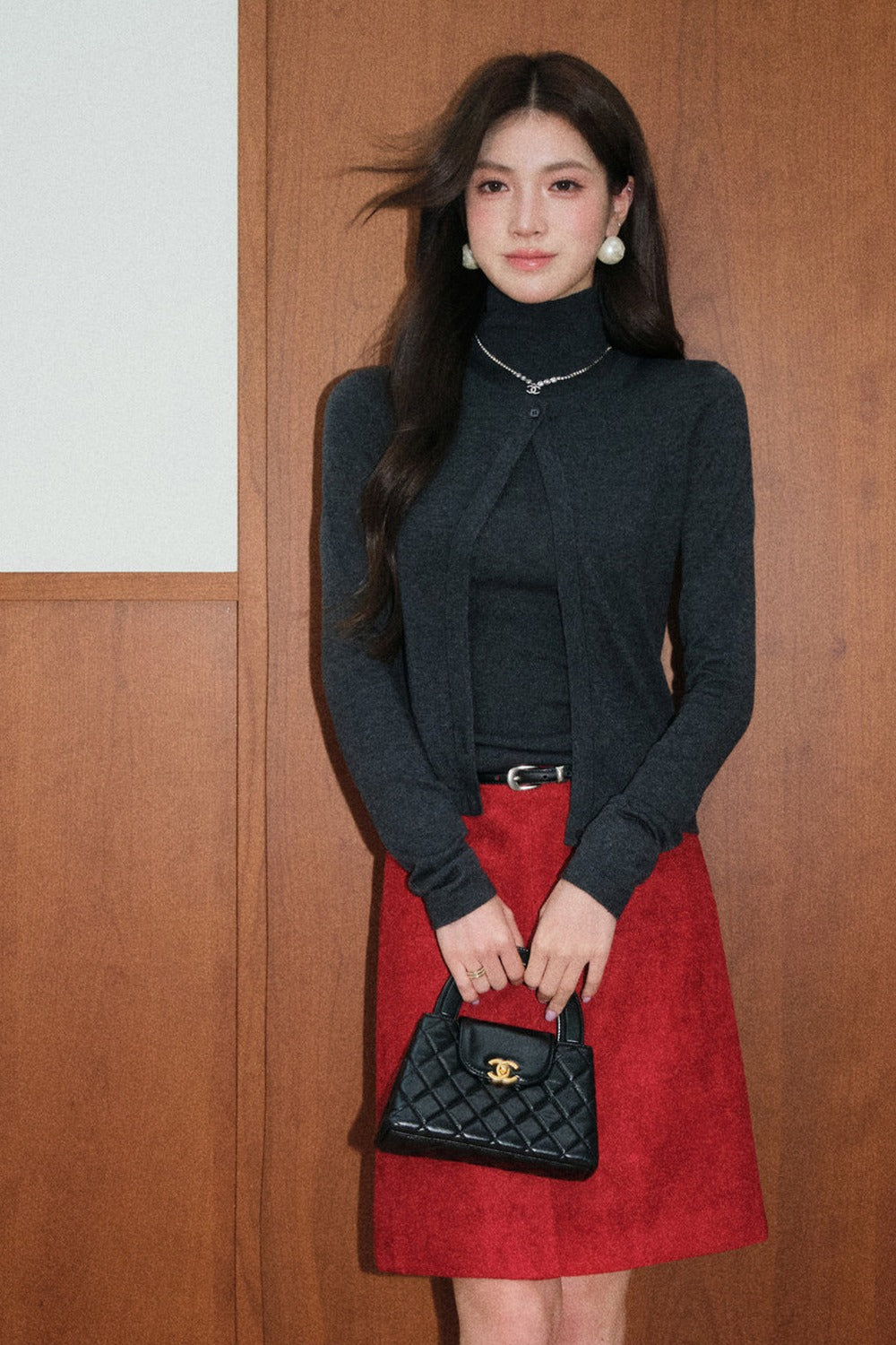 레드 하이웨이스트 스트레이트 인조 스웨이드 스커트 셋업