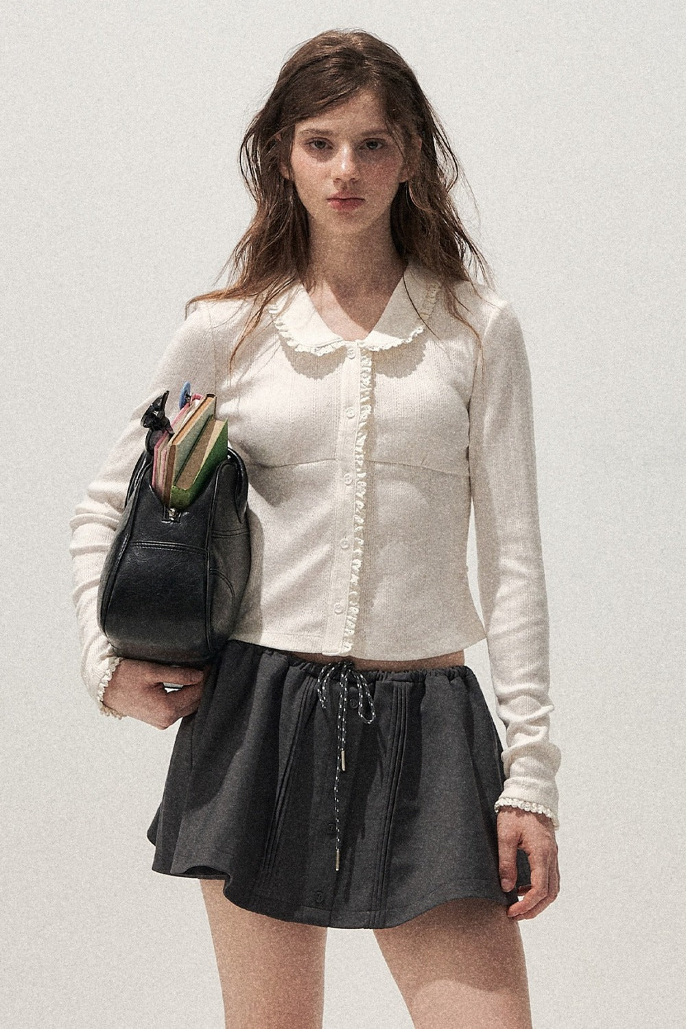 Doll Collar Textured Hollow Floral Cardigan