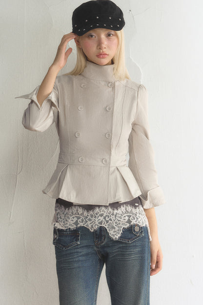 Stand Collar Double-Breasted Ruffled Hem Jacket