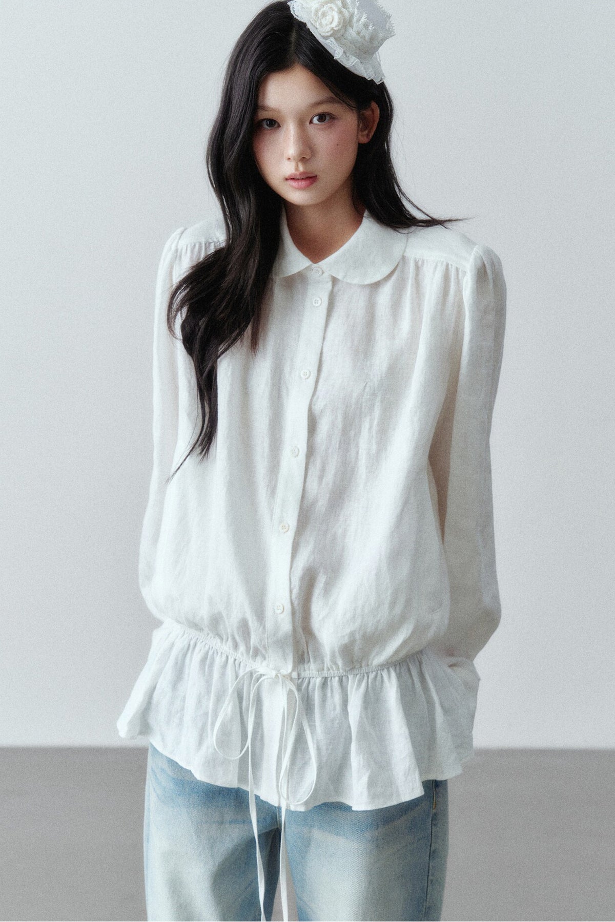Low-Waist Ruffle Linen Shirt