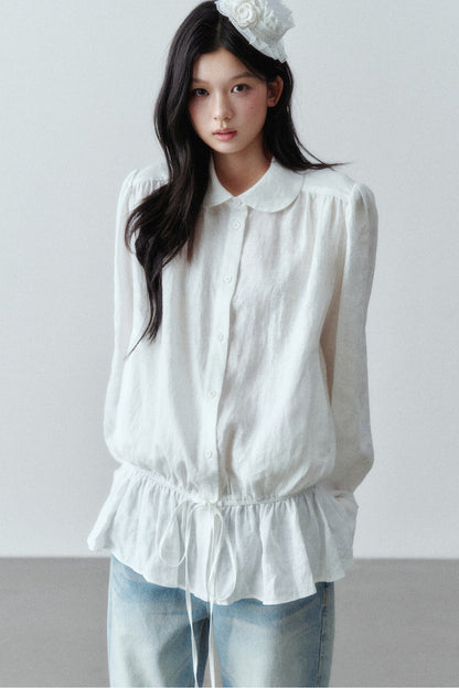 Low-Waist Ruffle Linen Shirt