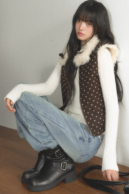 Retro Polka Dot Fur Collar Vest and Pants Set-Up