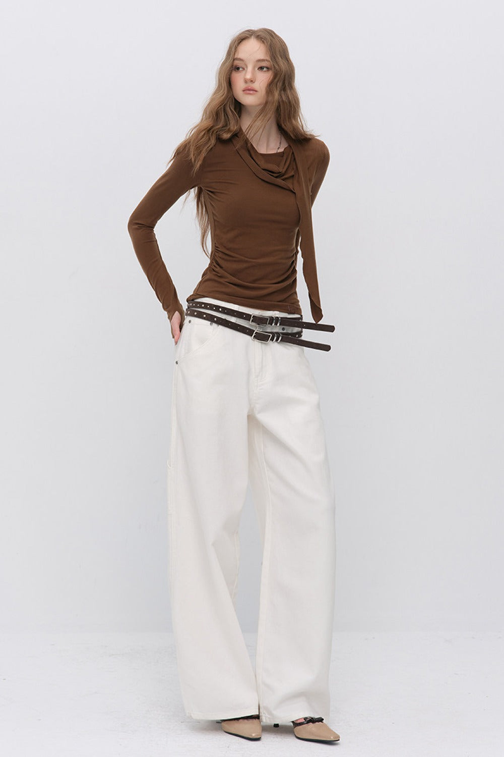 Irregular Ruched Halter Ribbon T-Shirt