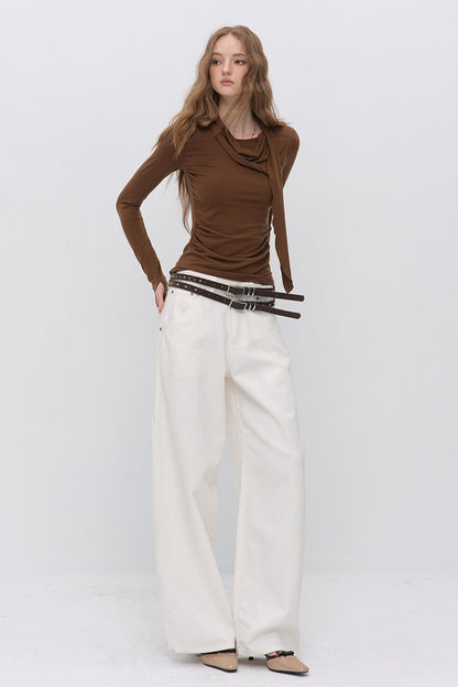 Irregular Ruched Halter Ribbon T-Shirt