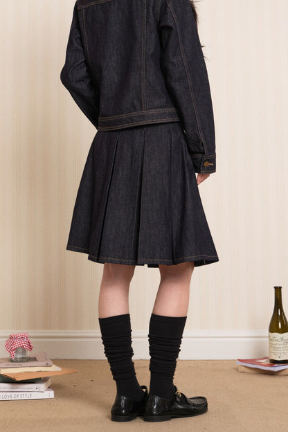 Washed Denim Pleated A-Line Skirt