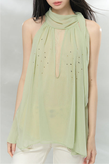 Rhinestone Chiffon Lace Blouse