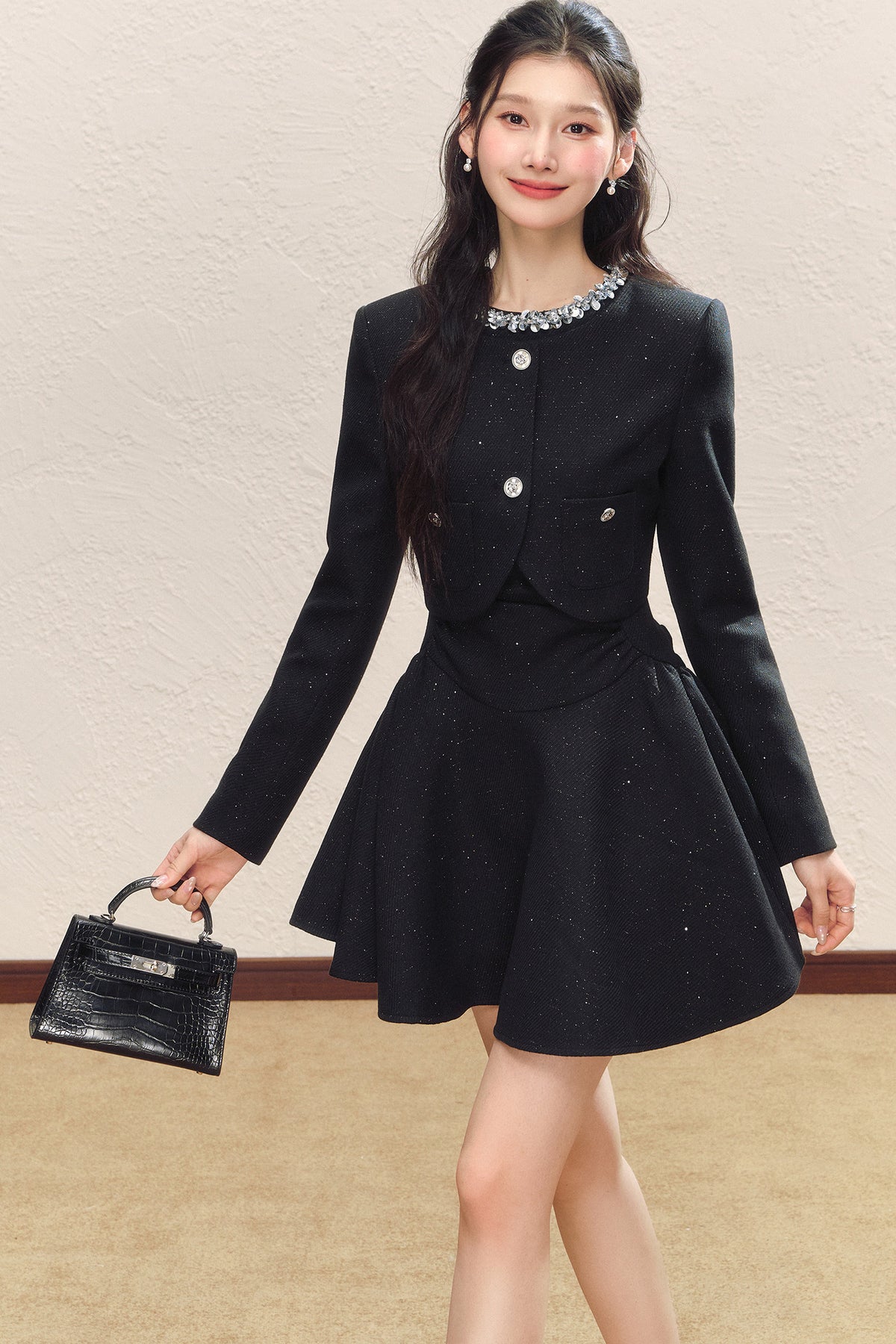Sequined Jacket and Little Black Dress Set