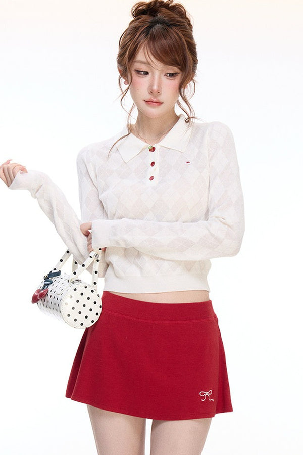 Cherry Polo Knit Top and Embroidered Knit Skirt Set-Up