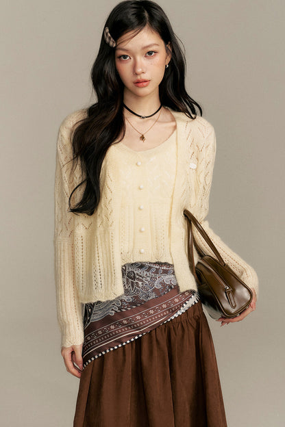 Crochet Knit Cardigan and Camisole Two-Piece With Skirt Set-Up