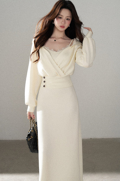 Apricot Flared Lace Dress and Hooded Sweatshirt