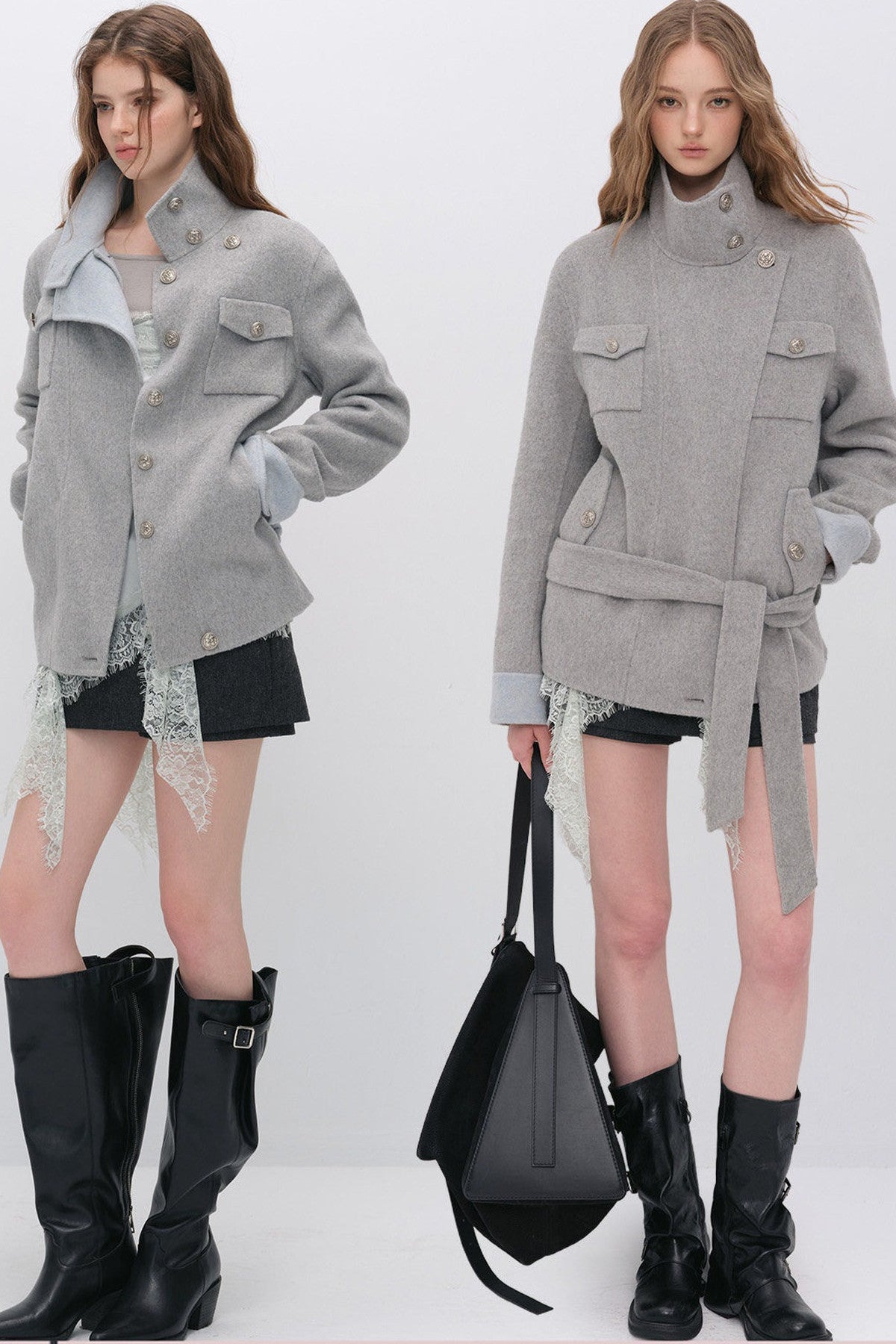 Belted Stand Collar Wool Coat