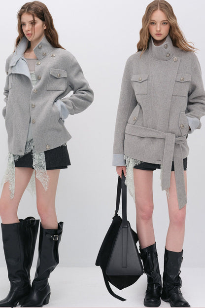 Belted Stand Collar Wool Coat