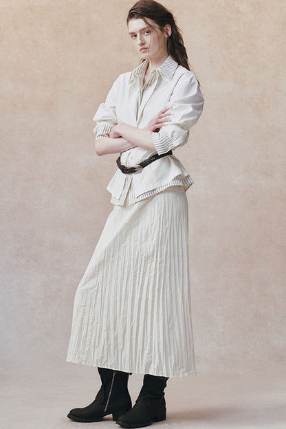 Pleated Stand Collar Shirt and Skirt Set