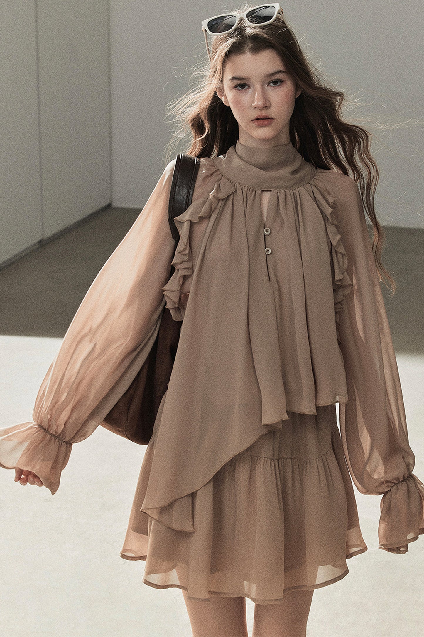 Ruffle Puffy Chiffon Dress and Leggings Set