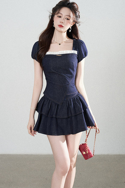 Denim Puff Sleeve Top And Skirt Set