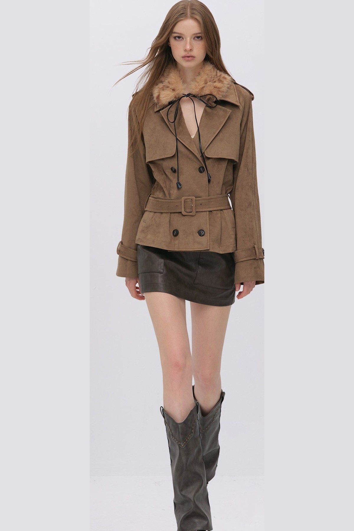 Suede Buttoned Trench Jacket