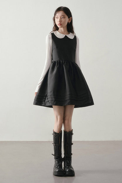 Black Satin Waist-Cinching Dress