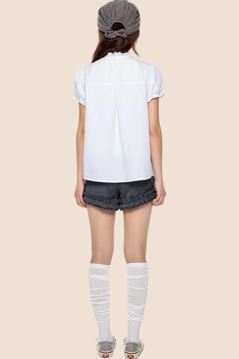 Pleated Lace Collar Short Sleeve Shirt