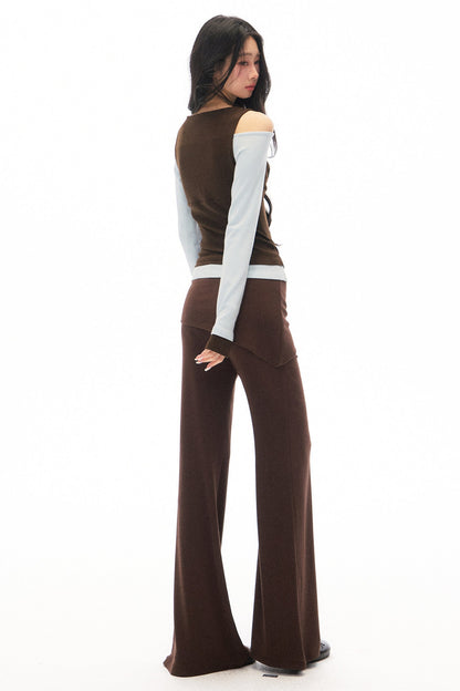 One-Shoulder V-Neck Long-Sleeve T-Shirt and Pants Set-Up