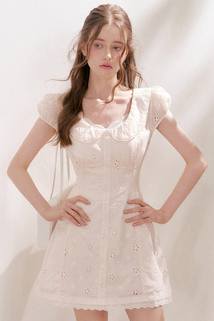 Five-Petal Flower Embroidered Cotton Doll Collar Dress