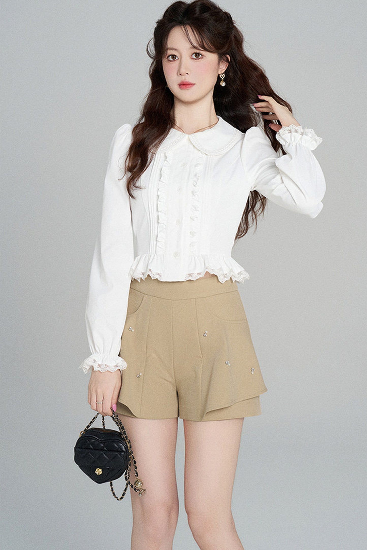 Ruffled Doll Collar Blouse And Shorts Set-Up