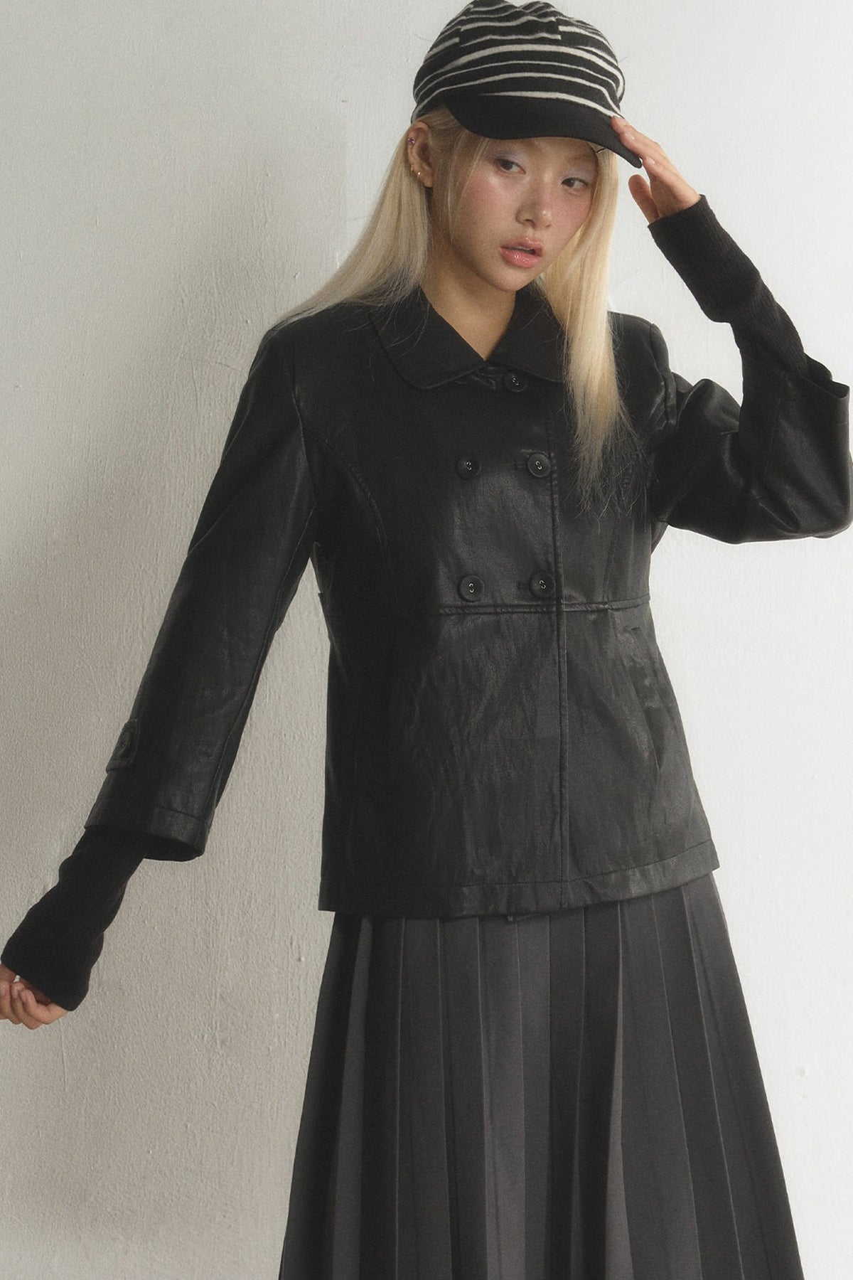 Black Double-Breasted PU Leather Top and Skirt Set-Up