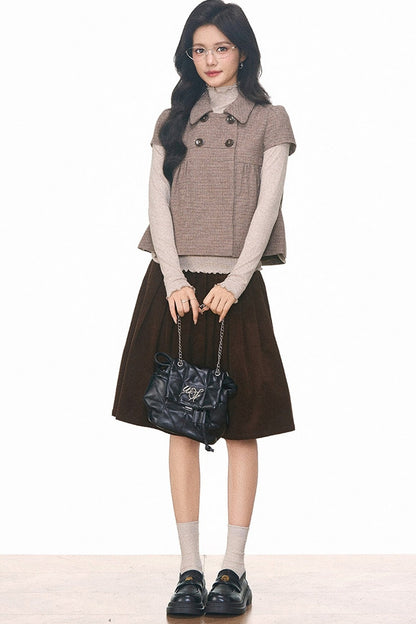 Woolen Short Sleeve Top and Corduroy Midi Skirt Set-Up