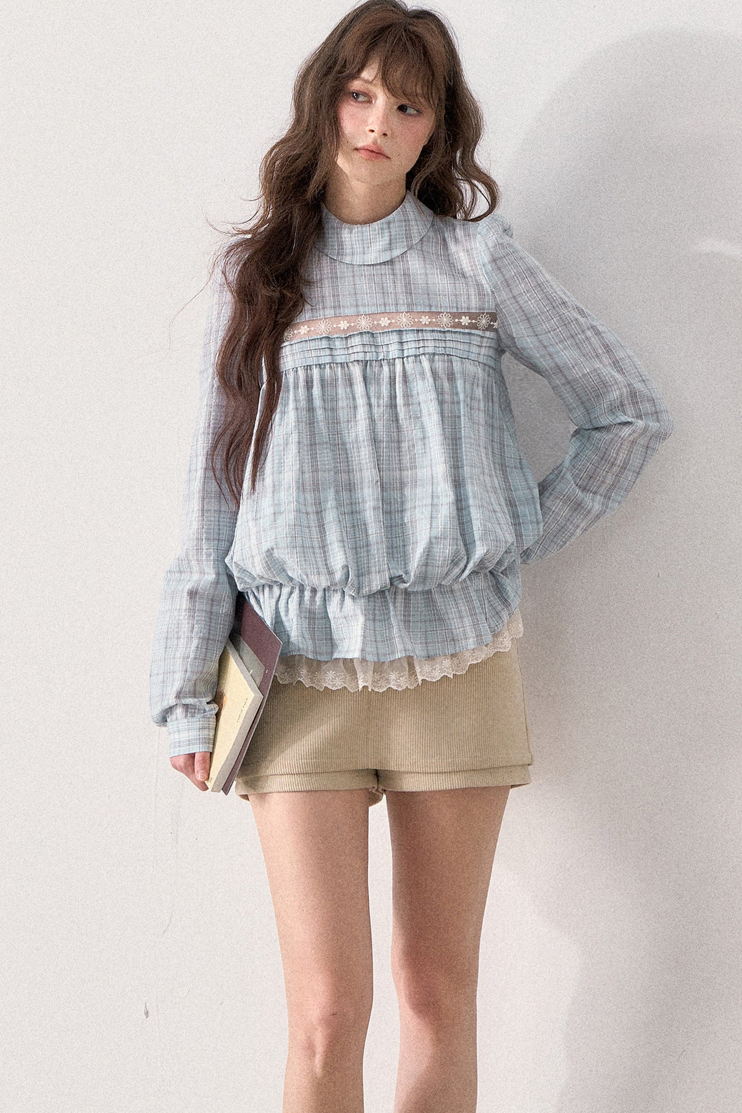 Mint Plaid Lace Blouse