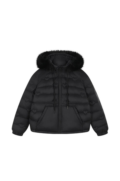 Heart Quilted Fur Collar Hooded Jacket