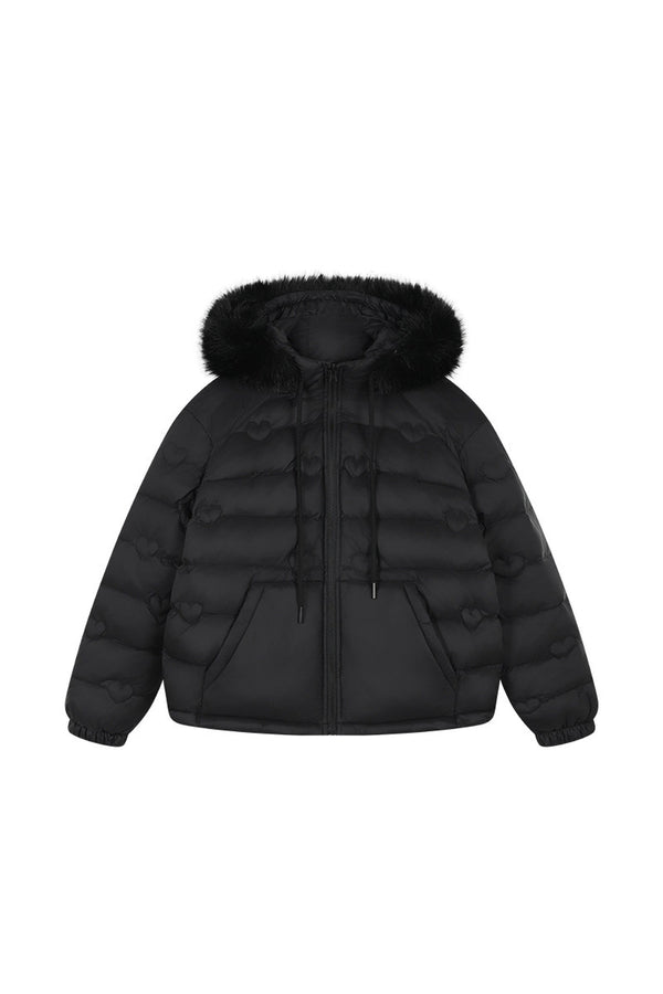 Heart Quilted Fur Collar Hooded Jacket