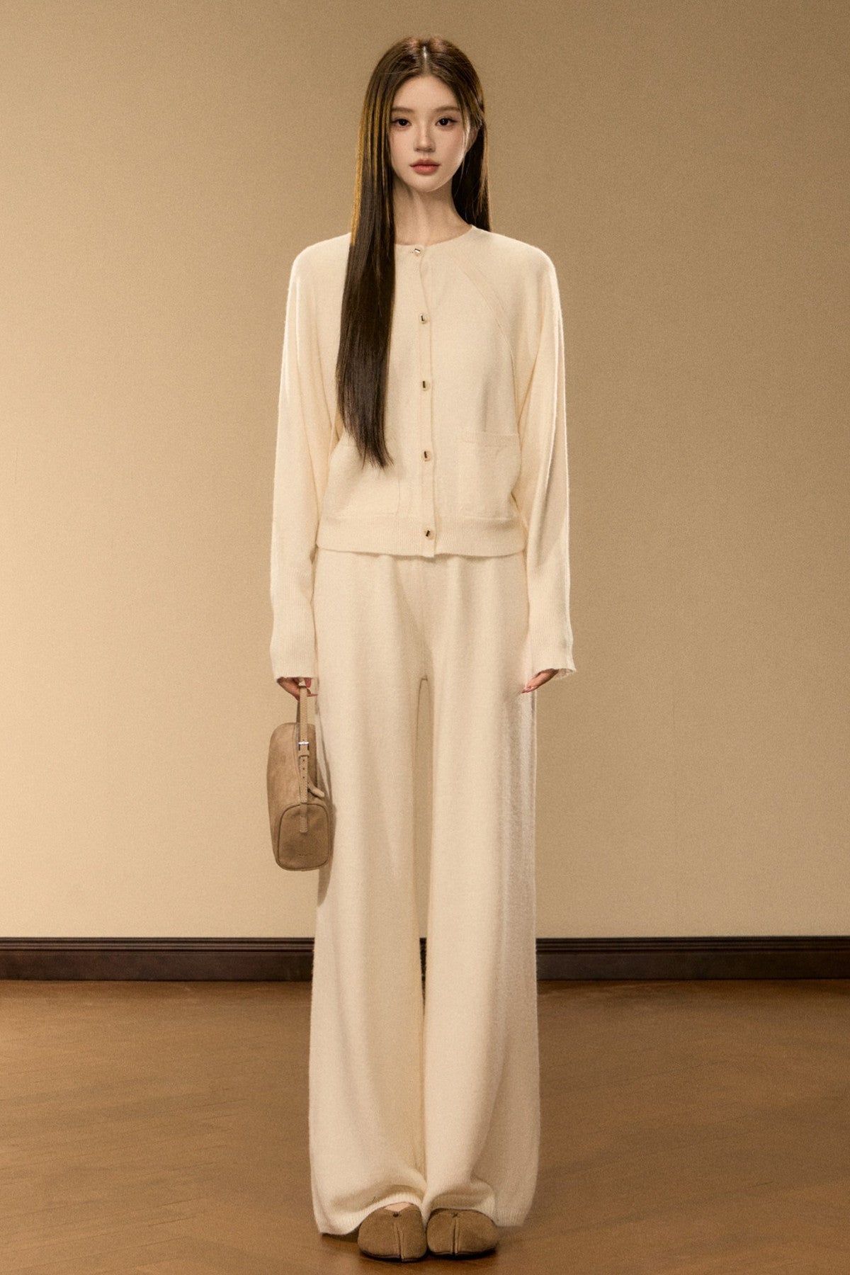 Wool and Cashmere Blend Cardigan and Pants Set-Up