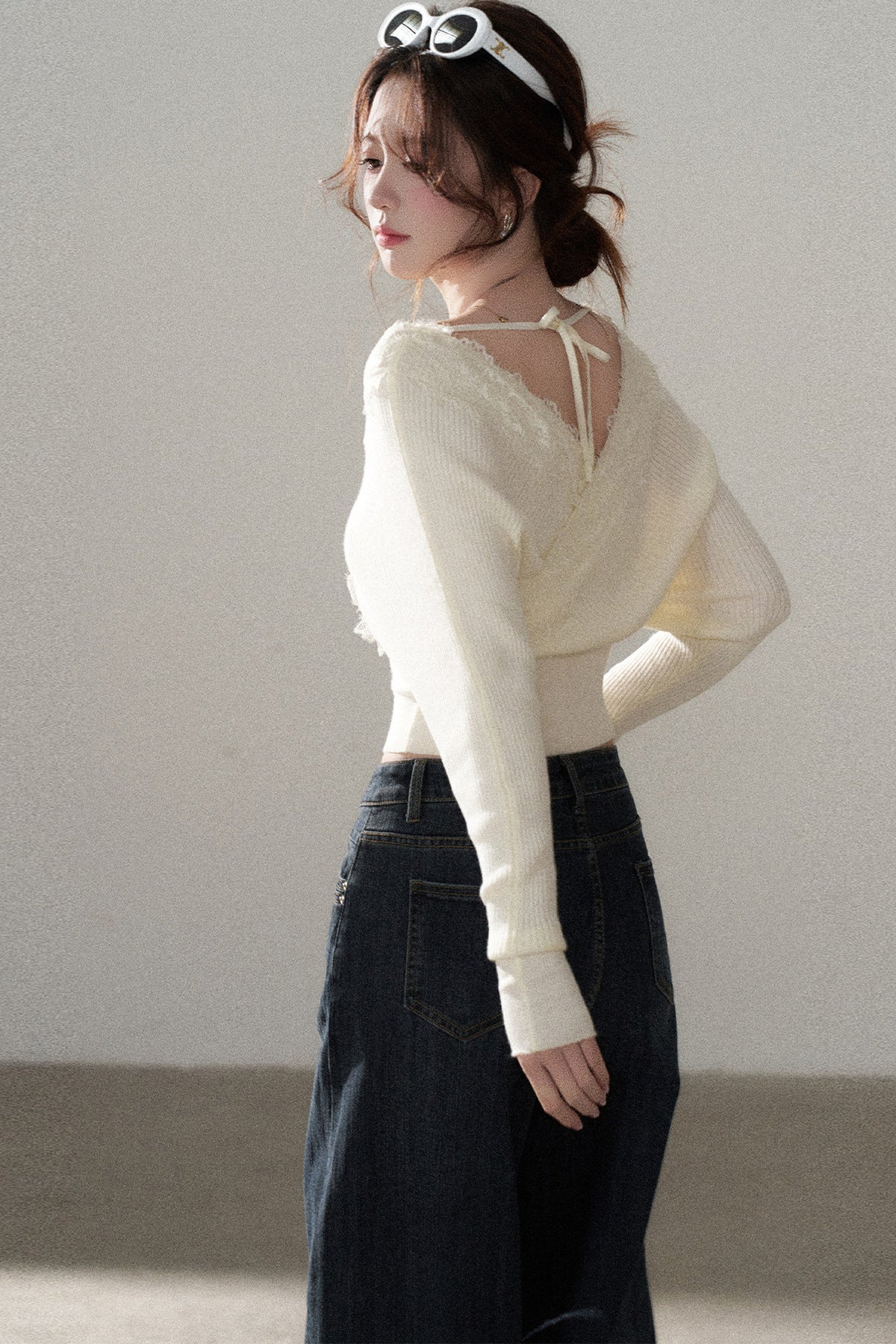 V-Neck Hollow Knit Top and Jeans Set-Up
