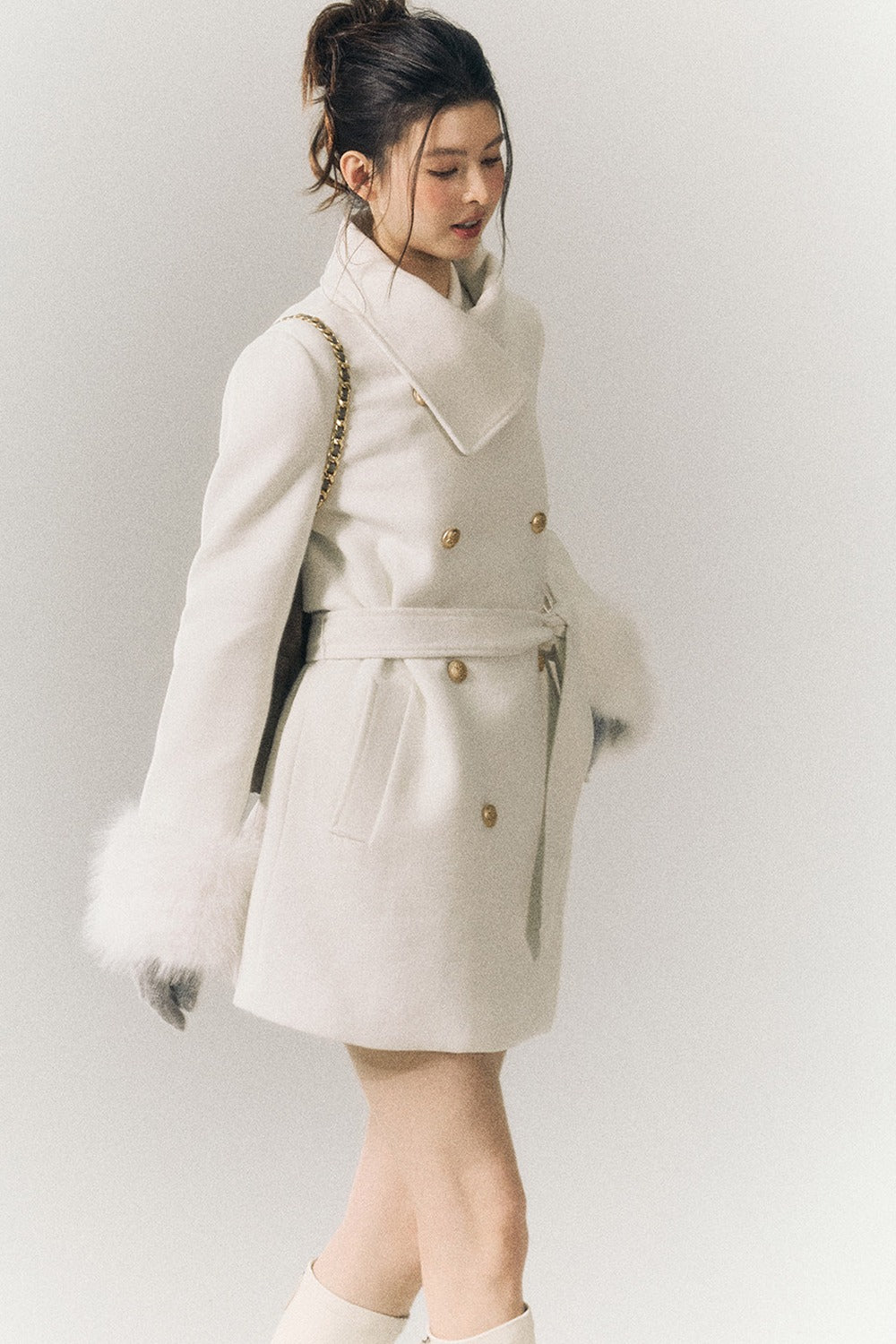 White Wool Detachable Fur Sleeve Coat