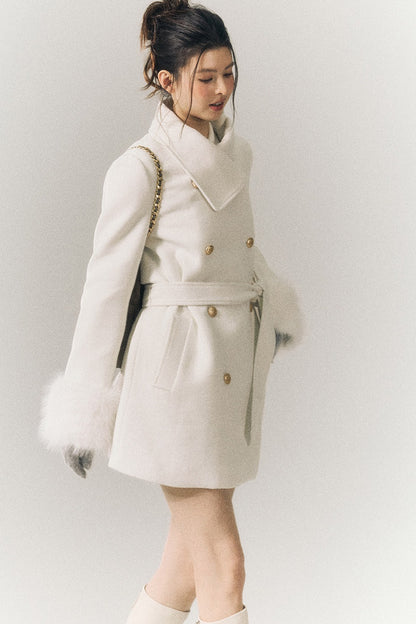 White Wool Detachable Fur Sleeve Coat
