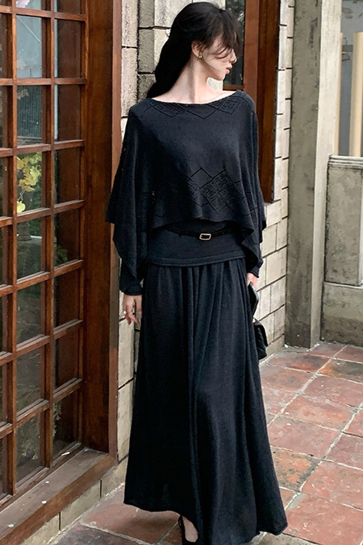 Three-Way Drape Collar Knit Shawl and Skirt Set