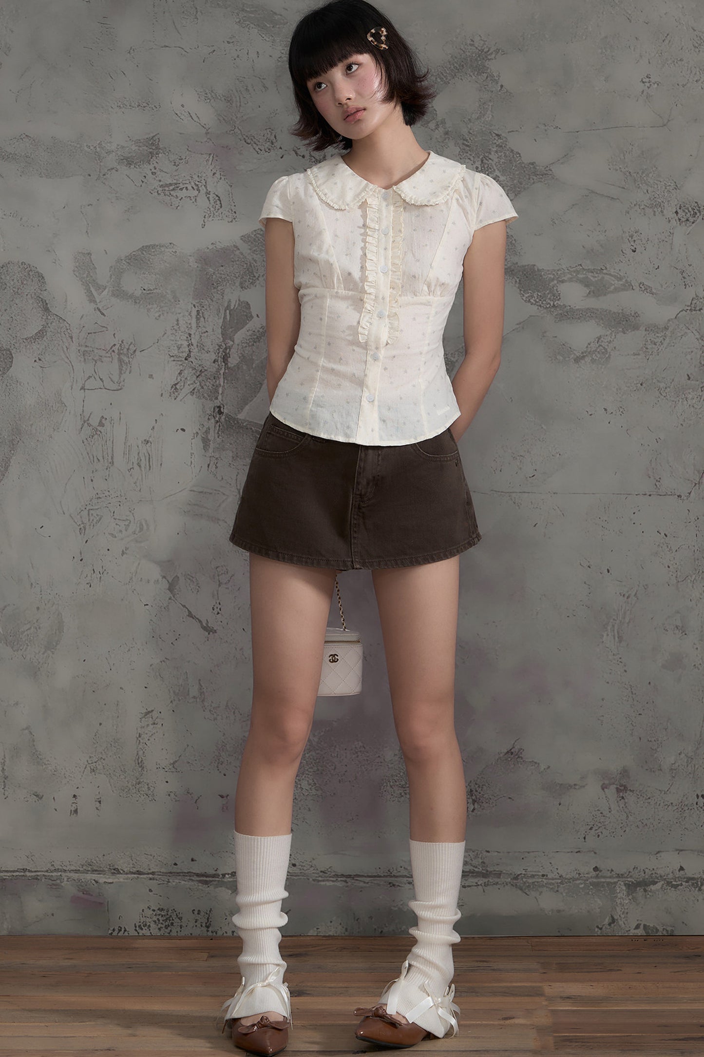 Floral Ruffle Doll Collar Blouse and Skirt Set-Up