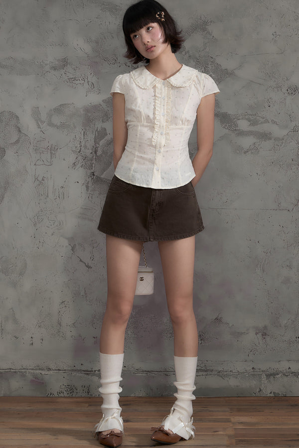 Floral Ruffle Doll Collar Blouse and Skirt Set-Up