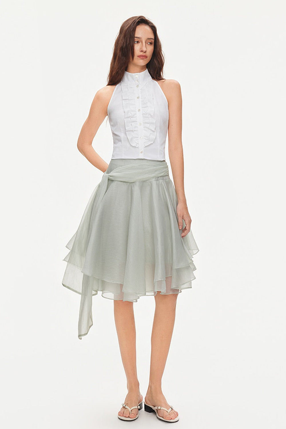 Asymmetrical Tie Waist Sheer Midi Skirt