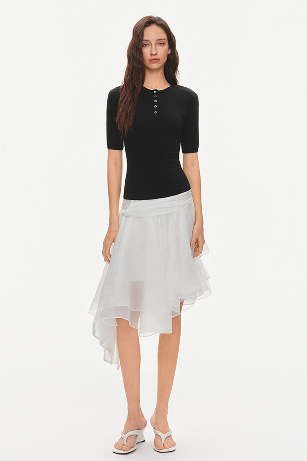 Padded Shoulder Henley Knit Top