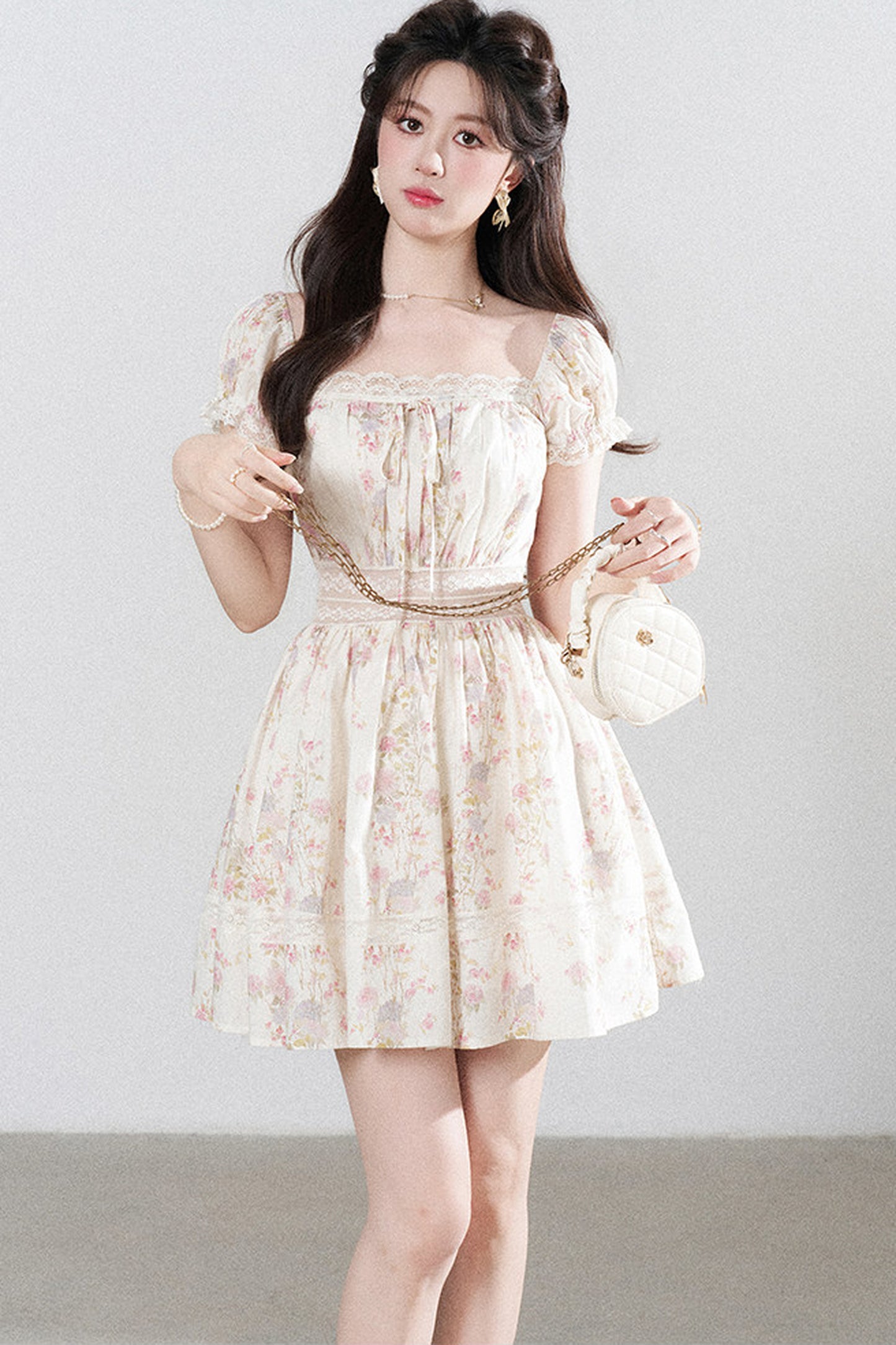A-Line Puff Sleeve Square Neck Floral Dress