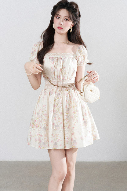 A-Line Puff Sleeve Square Neck Floral Dress