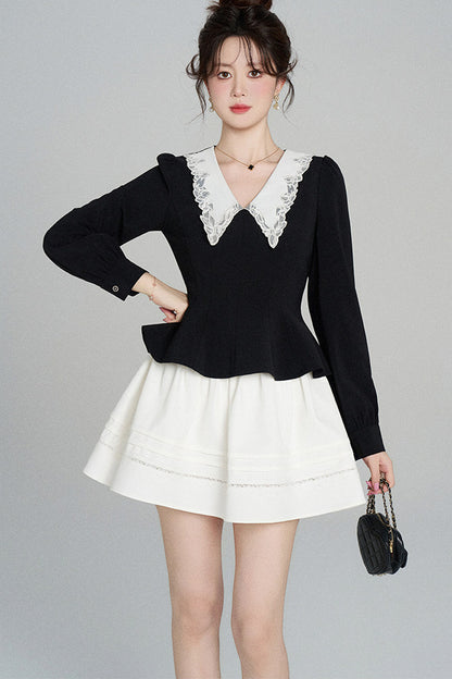 Peplum Waist Lace Collar Shirt