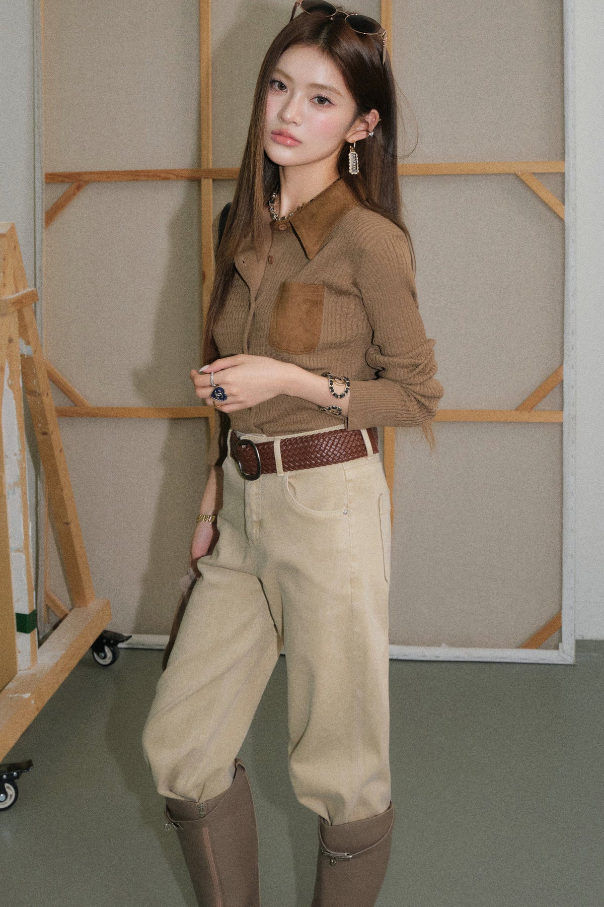 Vintage Coffee Lapel Knit Cardigan and Pants Set-Up