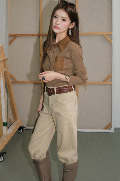 Vintage Coffee Lapel Knit Cardigan and Pants Set-Up
