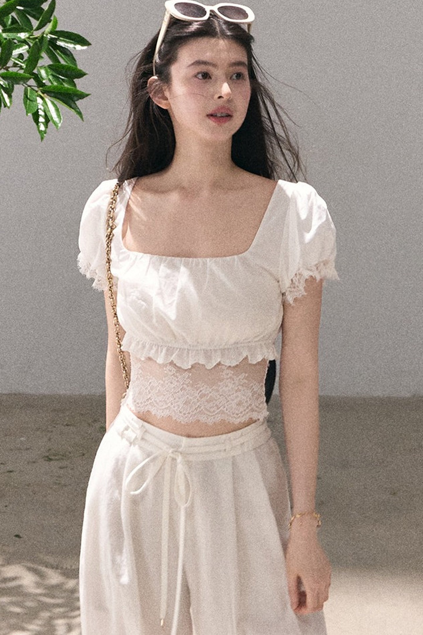 Ensemble haut et jupe en dentelle de coton à motif floral