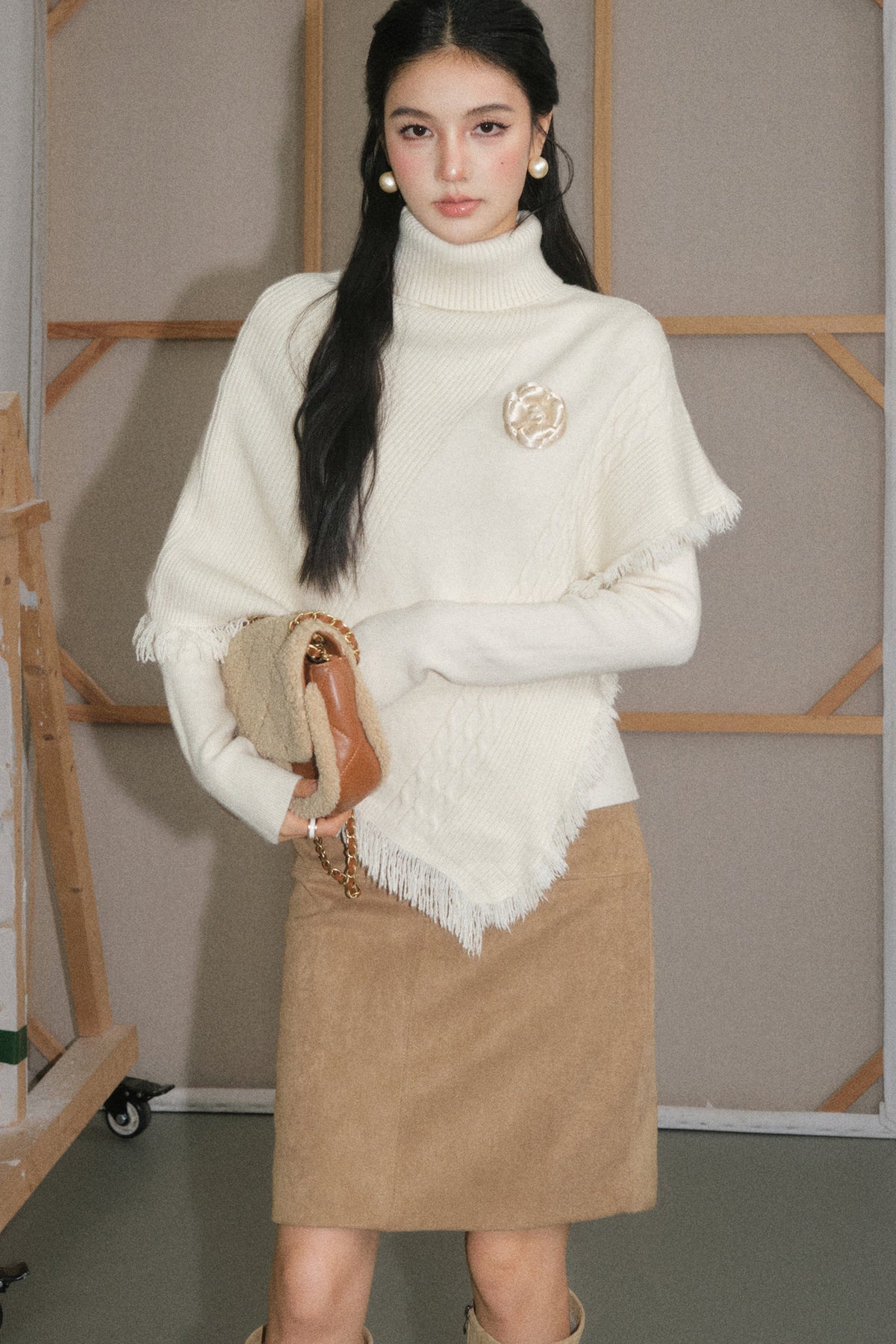 Cream White Tassel Cape Shawl Sweater and Skirt Set-Up