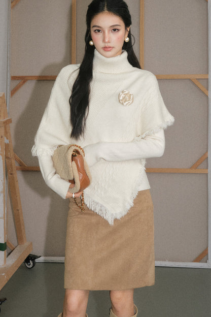 Cream White Tassel Cape Shawl Sweater and Skirt Set-Up