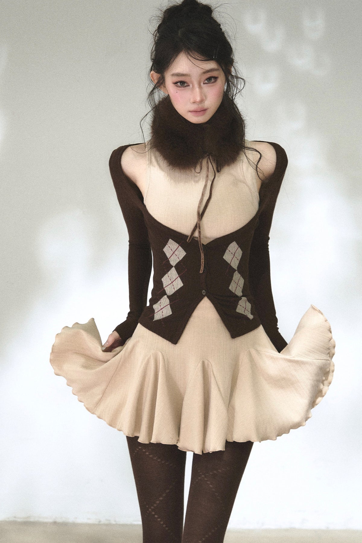 Vertical Striped Diamond Knit Cardigan and Ruffled Dress Set-Up